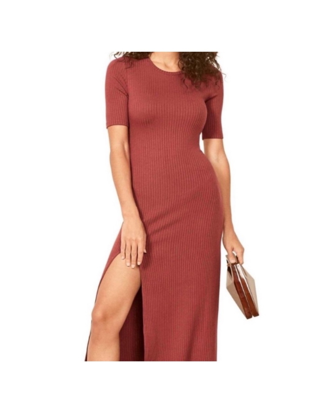 REFORMATION JEANS OLYMPIA RUST COLORED RIBBED MIDI DRESS W/SLIT SIZE MEDIUM